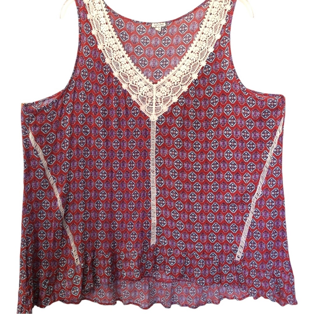 Y2K Eyeshadow Top Women sz 3X Red Crochet V-Neck Ruffle Hi Low Hew Cottagecore